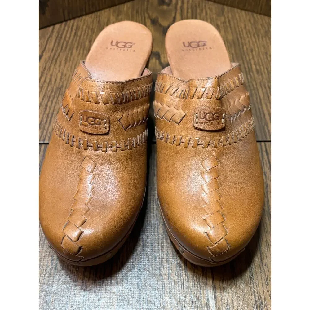 UGG Brown Leather Vivica Clog/Mule Braided Detail Wood Platform Size 7 - Picture 2 of 16